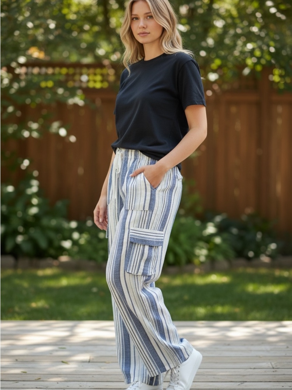 Roxy Blue & White Striped Wide-Leg Cargo Pants